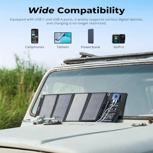 BigBlue 28W Solar Charger Foldable with Digital Ammeter, Outdoor Solar Powered Charger with IP44 Solar Panels USB-A & USB-C Ports (5V/4A Overall) for iPhone iPad Samsung Galaxy LG and Devices
