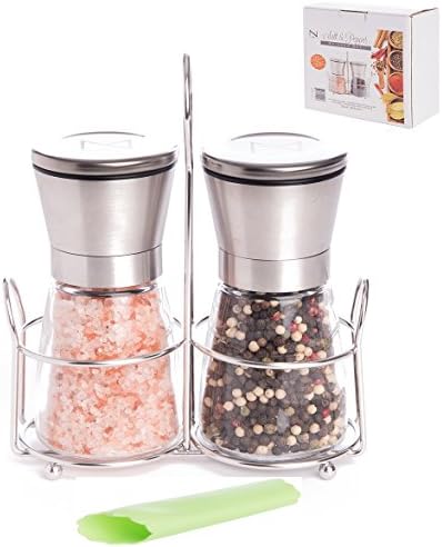 NM Trendz,Salt And Pepper Grinder Set, Matching Stand, Garlic Peeler, Stainless Steel, Adjustable Coarseness, Salt and Pepper Shakers