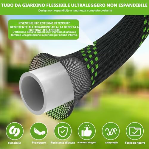 Garden Hose 15 m with 10 Modes Irrigation Gun | TPE Lightweight Anti-Tangle Kit | For Irrigation and Car Wash, Brass Connections 1/2" & 3/4" | Aluminium/Copper Adapter