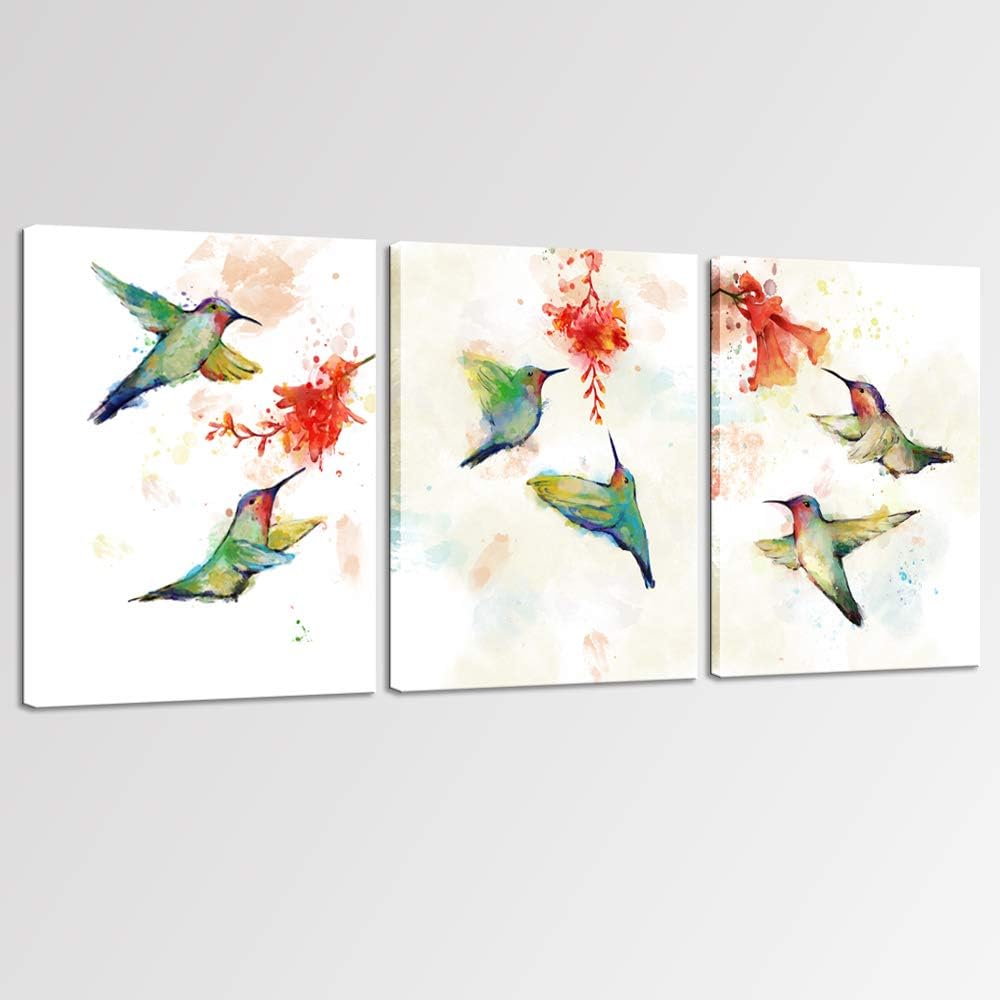 sechars 3 Piece Painting Art Prints Abstract Hummingbird with Flower Canvas Wall Art Birds Poster Picture with Frame Modern Bedroom Bathroom Wall Decor Gifts for Woman