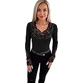 Women's V Neck Long Sleeve Lace Trim Slim Fit Top – Casual Daily Work Office Party Blouse
