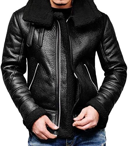 Yuxikong Bomber Jacket Men, Winter Swedish Full Zipper Thick Sherpa Lined Faux Leather Jacket Coat