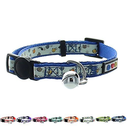 Pawtitas Pet Glow In The Dark Cat Collar with Safety Buckle and Bell Blue Hook