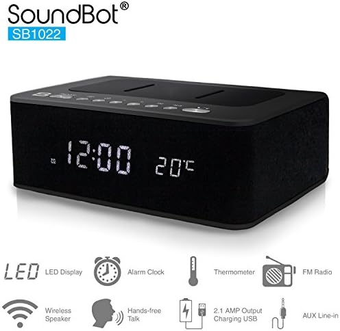 SoundBot® SB1022 FM RADIO Bluetooth Wireless Speaker &amp; Alarm Clock for Music Streaming &amp; Hands-Free Talking w/ FM Tuner, 2.1A USB Charging Station, Built-In Mic, 3.5mm AUX Line-In, Thermometer Display