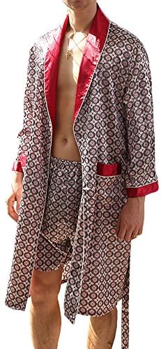 GOMY Men's Summer Pyjamas Luxurious Kimono Soft Satin Robe with Matching Shorts Nightgown Long-Sleeve Sleepwear Printed Bathrobes