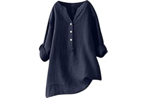 OLIVCKER Cotton Linen Shirts for Women Plus Size 3/4 Sleeve Summer Tops 2024 V Neck Button Down Blouse Casual Trendy Shirt