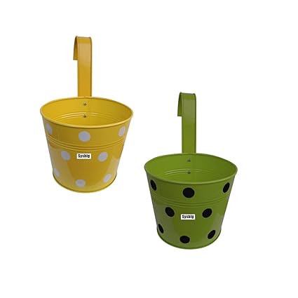 Kraftsplanet Garden Decor Set of Two Polka Design Railing planters with Detachable Hooks and Handles