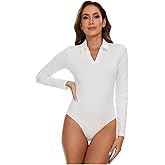 SHAPERIN Women Long Sleeve Bodysuit V Neck Polo T-shirt Basic Top Collared Body Suit Jumpsuit