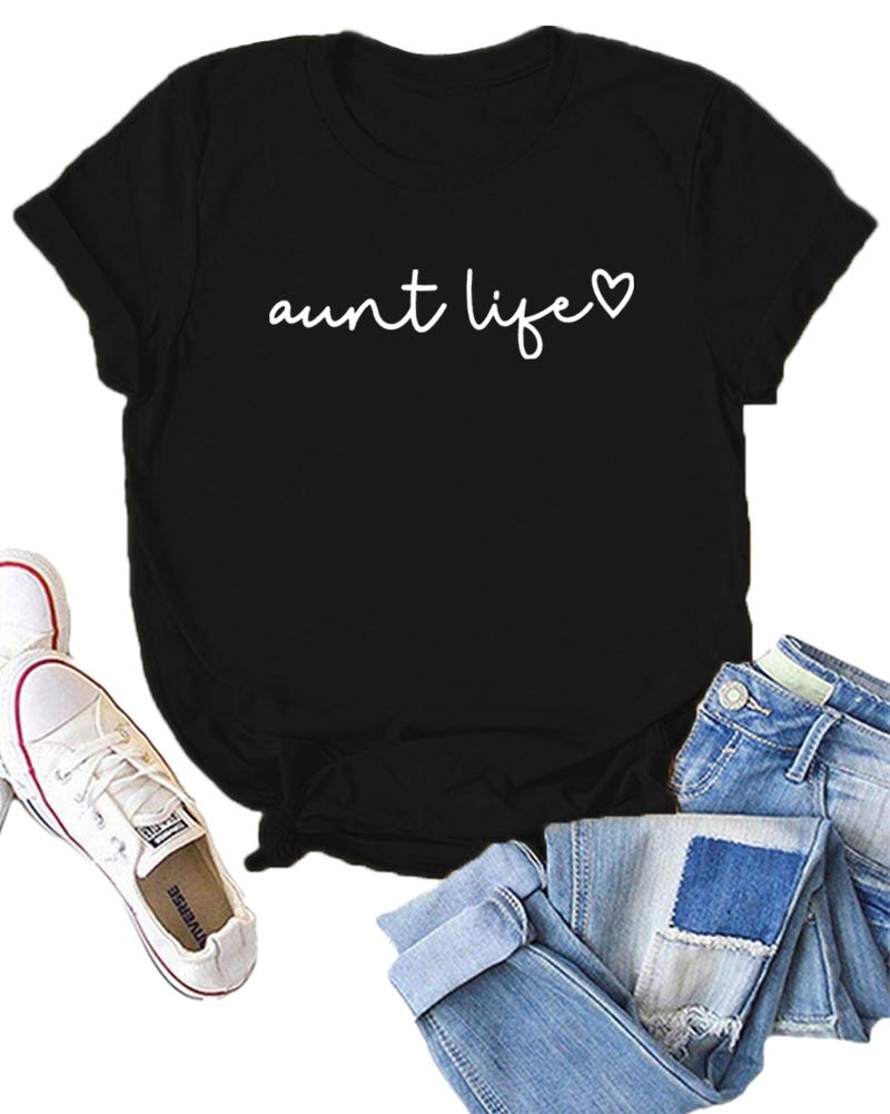 Aunt Life Auntie Vibes Short Sleeve Letter Print Cute Heart Casual Novelty Graphic Tees Tops T Shirt