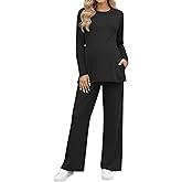 JoyMotion Women's Maternity Lounge Sets 2 Piece Knit Pajamas Long Sleeve Side Slits Top Adjustable Pant Pregnancy Outfit