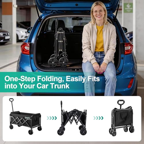 SUNNYFEEL Lightweight Folding Wagon Cart, 350LBS Portable Wagon Carts Foldable for Shopping Camping Garden Beach,Black