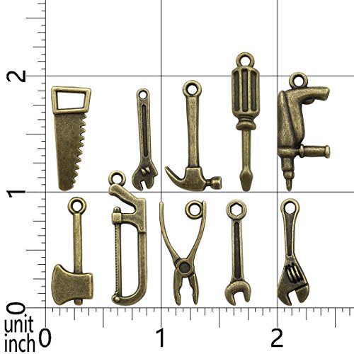 50 PCS Worker 3D Tool Charms Collection - Arm Saw Wrench Spanner Screw Driver Shovel Scoop Hammer Axe Ax Hatchet Chopper Hacksaw Drill Vise Pincer Pliers Metal Pendants (Bronze HM 68)