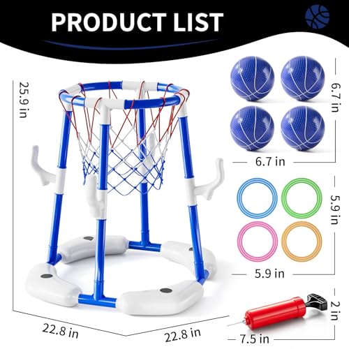 Uniiking® Pool Basketball Hoop Toys for Adult, Summer Outdoor Swimming Pool Games Water Play Toys Family Party for Kids, 2 in1 Pool Basketball Hoop & Ring Game with 4 Balls 12 Rings & Pump, Blue