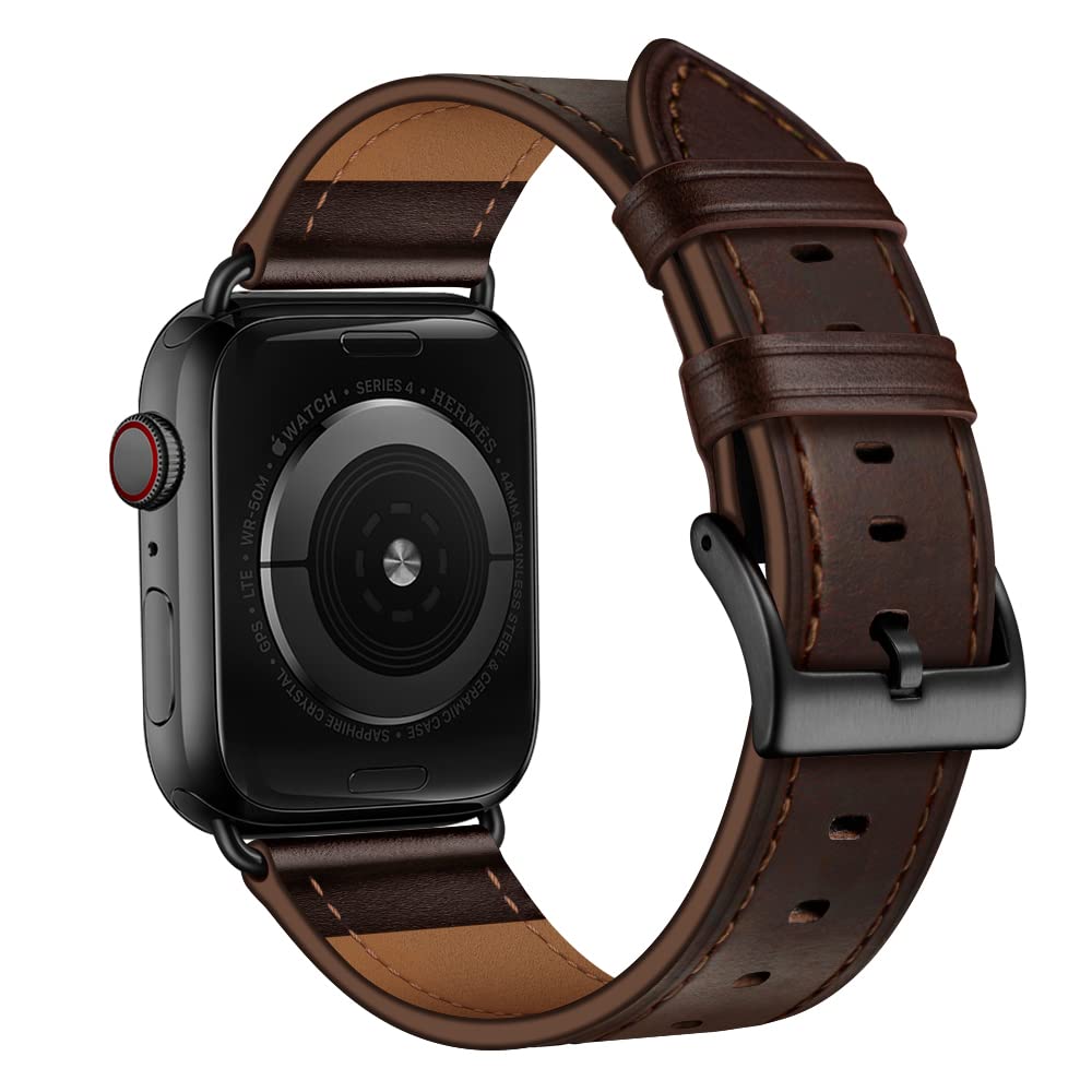 OUHENG Compatible with Apple Watch Band 49mm/46mm/45mm/44mm/42mm, Genuine Leather Band Strap Compatible with Apple Watch Ultra 2/1 Series 10/9/8/7/6/5/4/3/2/1/SE, Dark Brown/Black