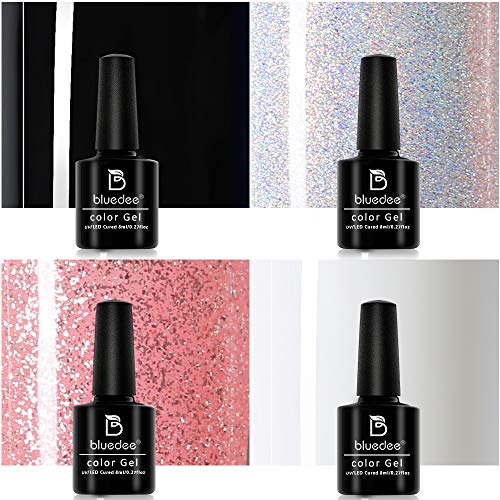 Bluedee Gel Nail Polish Starter Kit 4 Colors Twinkle Star Series Gel Polish Set with Base Coat Strength Top Coat 9W Nail Dryer Curing Lamp Full Home DIY Nail Art Tools