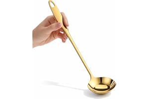 Gold Soup Ladle, 304 Stainless Steel Gold Ladle 11.4" Long Handle Kitchen Metal Ladel Large Serving Spoon for Cooking, Servin