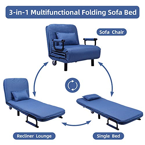 JAXSUNNY 29.5" Width Blue Sofa Chair Bed with Pillow Fabric Folding Arm Chair Convertible