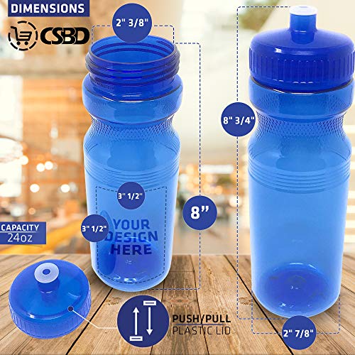CSBD Clear 24 Oz Sports Water Bottles, 10 Pack, Blank for Customized Branding, No BPA Food Grade Plastic for Fitness, Hiking, Cycling, or Gym Workouts, Made in USA (24 Ounces, Blue)