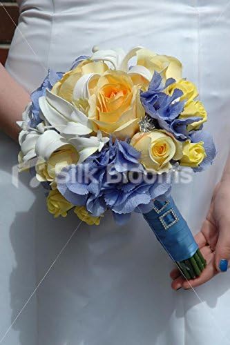 Amazon Com Small Blue Yellow Bridal Bouquet W Roses Lilies Hydrangea Home Kitchen