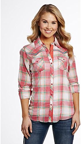 Women's Cowgirl Up Two Pocket Plaid Shirt Pink Medium