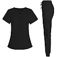 VIAOLI Scrubs for Women Set Modern V-Neck Top & 8 Pocket Jogger Pants Athletic Nursing Uniform Solid Stretch Workwear