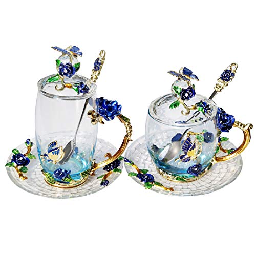 Birthday Christmas Gifts Mom Sister Girlfriend Coworker Flower Butterfly Teacup Coffee Mug Saucer Lid(Blue Tall)