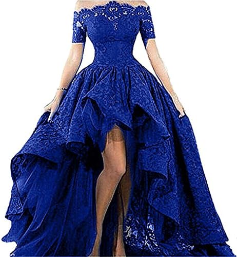 Diandiai Women's Hi-Lo Prom Dress Short Sleeve Lace Evening Dress 2019 Black Off The Shoulder Formal Dress Plus Size