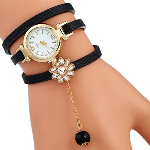 Fashion Strap Bracelet Women Watch Crystal Flower PU Leather Dress Quartz Wristwatch Black