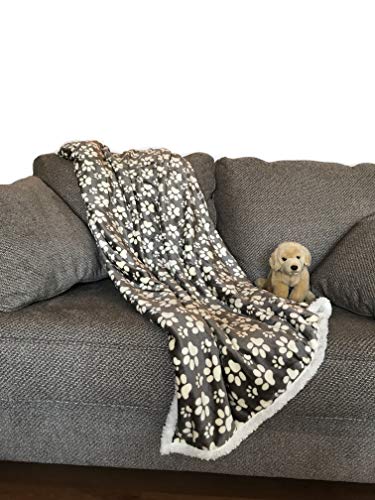 Longrich Flannel Paw Print & Ultra Soft Sherpa Throw Blanket, 50" W X 60" W, Grey with Brown Paw Print - Thumbnail 2