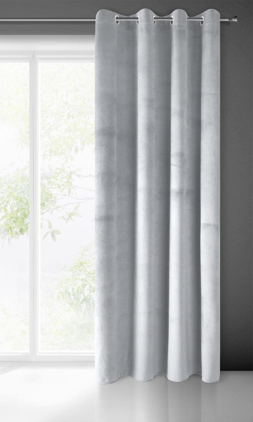 Eurofirany PIERRE Soft Plain Opaque Velvet Curtain with Eyelets - 1 Unit, Fluffy Panel Drape Classic Glamour Elegant Living Room, Bedroom, 215 g/m2, W55 x L98, Light Grey