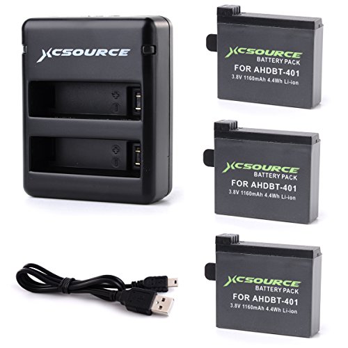 XCSOURCE Power Battery (3-Pack, 1160mAh, AHDBT 401) and Dual Battery Charger + USB Cable for GoPro Hero 4 BC423