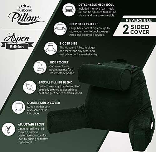 Husband Pillow, Aspen Edition - Reading and Bed Rest Pillow with Arms - Neck Roll on Bungee Cord or Removable - Premium Memory Foam - Reversible Two-Sided Cover Microsuede or Microfiber, Ramona Green - Thumbnail 3