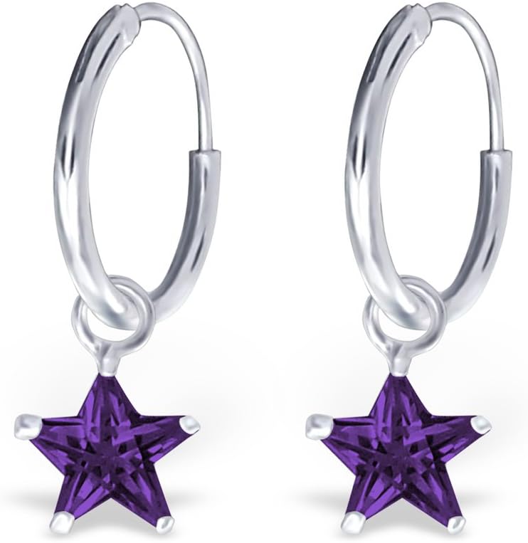 Si Si Select-Quality 925 Sterling Silver-Hoop Earrings with Dangly Amethyst Crystal Stars- Hoop Size: 12mm, Star Size 6mm- Free Gift Box-Nickel Free