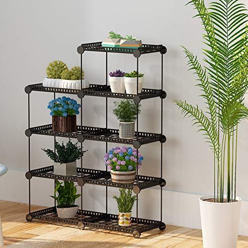 JYYG Portable Plant Stands Custom Shaped Succulents Pot Shelf Standing Baker's Racks for Flowers Metal Shelving Unit for Green House Indoor Outdoor Multifunction Storage Organizer, 7-Grid Black