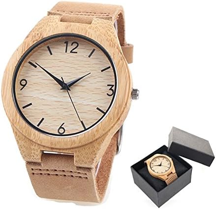 Men's Retro Leather Bamboo Wooden Watch Genuine Leather Strap Japanese Quartz Movement Casual Watches