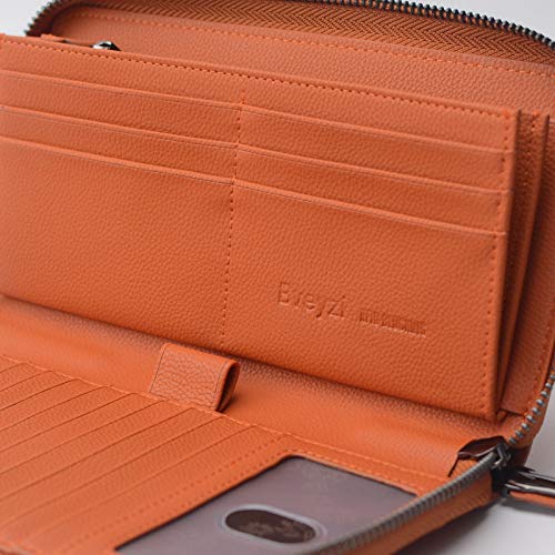 Women RFID Blocking Wallet Leather Zip Around Phone Clutch Large Travel Purse Wristlet (Orange Red) - Thumbnail 5