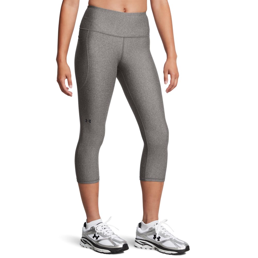 Under Armour Womens HeatGear Armour High Waisted Pocketed No-Slip Capri, (020) Charcoal Light Heather / / Black, X-Small Short Image