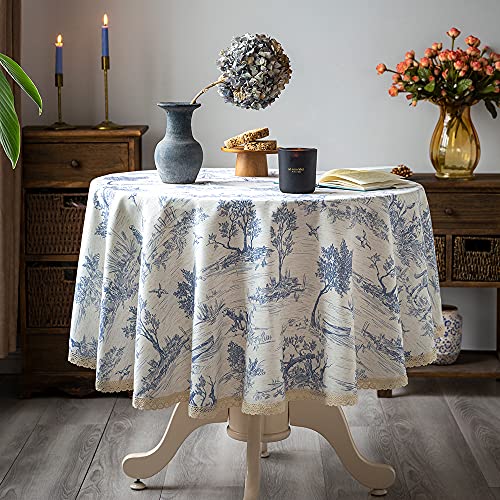 Photo 1 of GLORY SEASON Rustic Tablecloth Classic French Village Printed Linen Fabric Table Cover Farmhouse Decoration 60 Inches Round Blue for Kitchen Dining