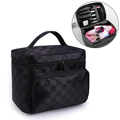 Hisight Travel Cosmetic bags Multifunction Portable Toiletry Bag Cosmetic Makeup bags Organizer Storage Bags Beauty Box Brush Holder with Mirror for Women (Black-b)