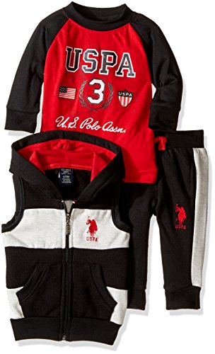 U.S. Polo Assn Boys' Hooded Vest, Pant, and Raglan T-Shirt, Red, 6/9M
