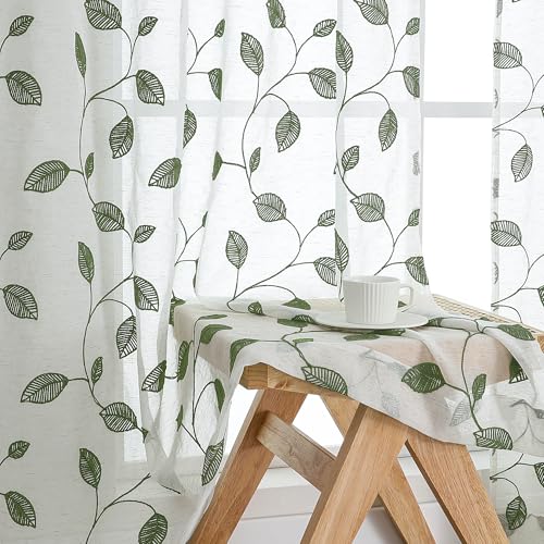 OVZME Sage Green Embroidered Leaf Sheer Curtains
