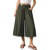 TARSE Women's Linen Culottes Wide Leg Flowy Capri Pants Palazzo Casual Drawstring Summer Loose Lace Capris with Pockets