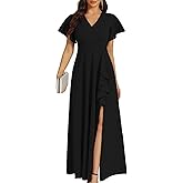 COOAN Women's Black Long Formal Dresses Cocktail Wedding Guest Dress Ruffle Split Elegant V Neck Party Gowns