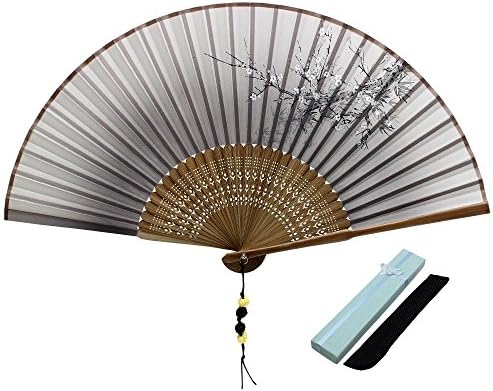 JSSWB Silk Folding Fan, Chinese/Japanese Vintage Retro Style Handmade Silk Hand Fan with a Silk Sleeve and Handmade Tassels for Home Decoration Party Wedding Dancing (Style-7)