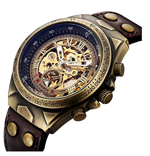Luxury Automatic Mechanical Men's Leather Belt Fashion Steampunk Bronze Steel Waterproof Skeleton Watch (Brown)