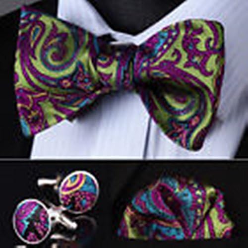 Mondaily DL12H Hot Pink Blue Paisley Men Silk Self Bow Tie handkerchief Cufflinks set #PPTE4369