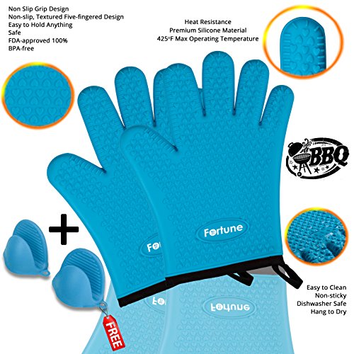 Silicone Grilling Gloves - Best Heat Resistant Oven Mitts For Cooking, Baking, BBQ & Boiling Non-Slip Potholders with Internal Cotton Layer - Includes Mini Oven Mitt (Blue)