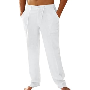Runcati Mens Casual Pants Loose Fit Linen Elastic Waist Drawstring Pants Straight-Legs Summer Yoga Beach Trousers