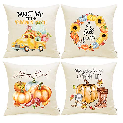 Meekio Fall Decorations for Home Set of 4 Fall Pillow Covers 18 x 18 Autumn Harvest Theme Cushion Covers for Fall Decor Thanksgiving Gifts