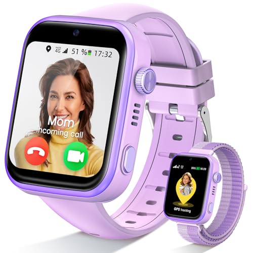 SWGOTA Children's Smartwatch, 4G Smart Watch Phone & GPS, Voice Chat/WhatsApp/SOS/SMS/WiFi/IP68 Waterproof/School Mode/5 Sports/Pedometer, Smart Watch Boys/Girls Purple, Gift